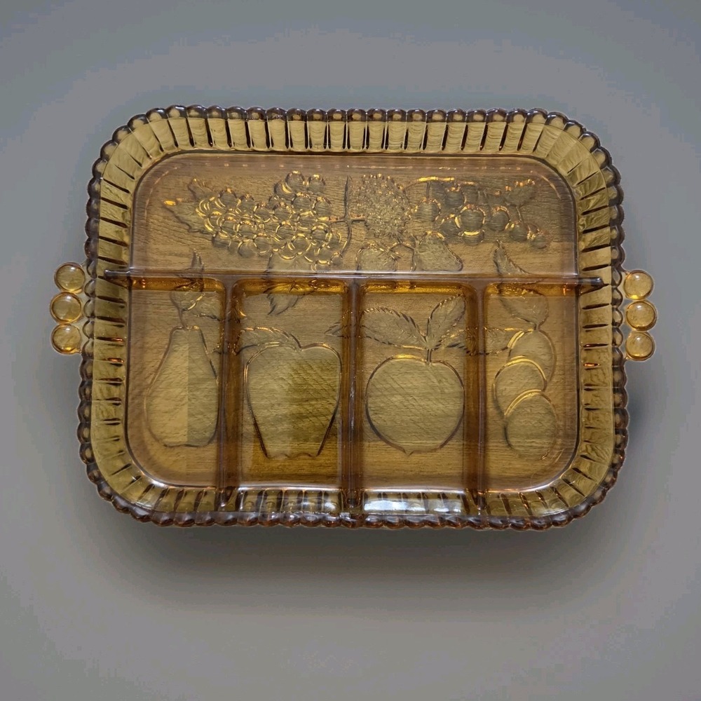 Vintage Indiana Glass Amber / Honey Divided Relish Tray Fruit Embossed Dish